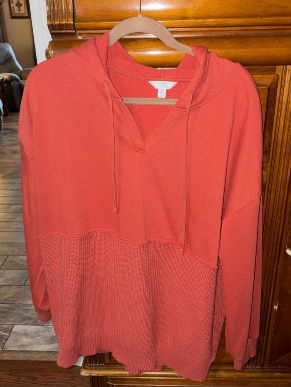 Time and Tru Coral Hoodie Pullover with Waffle Knit Panel